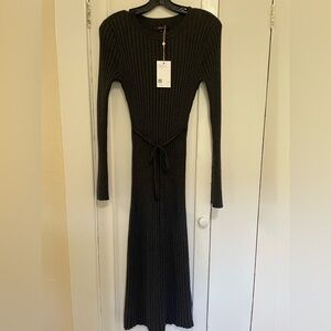 Quince Dark Gray Ribbed Tie-Waist Long-Sleeve Maxi Dress medium